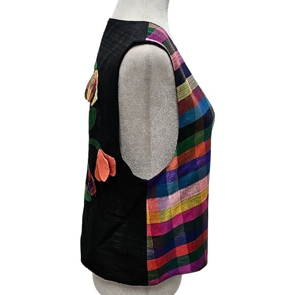 Handcrafted Women's Artistic Multicolor Plaid and Floral 3 Button Vest Size S/M - Picture 2 of 7
